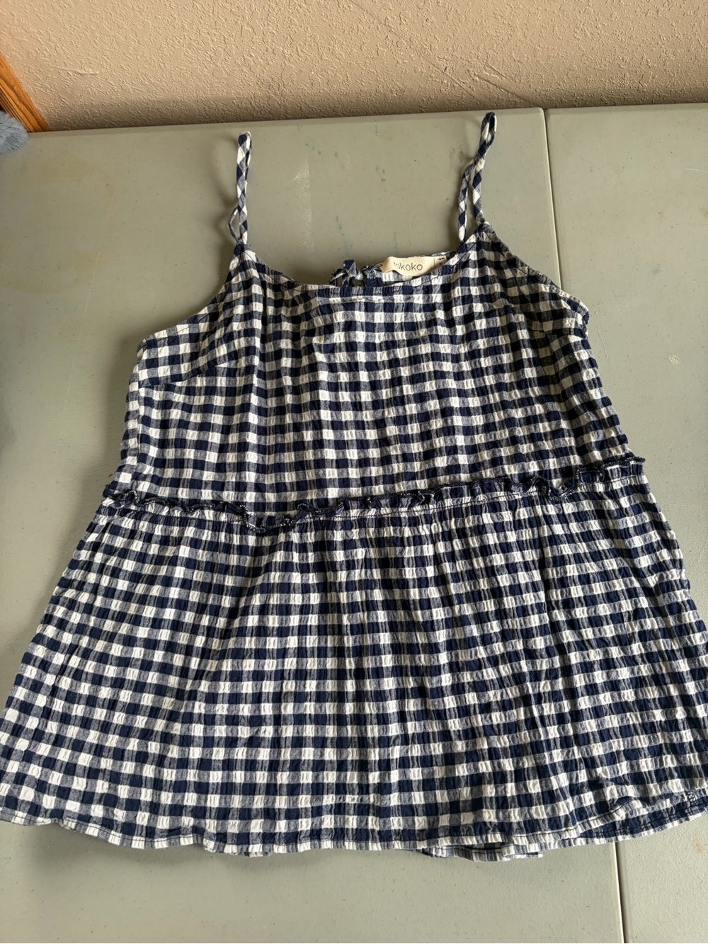 Navy & White Gingham Spaghetti Strap Peplum Top